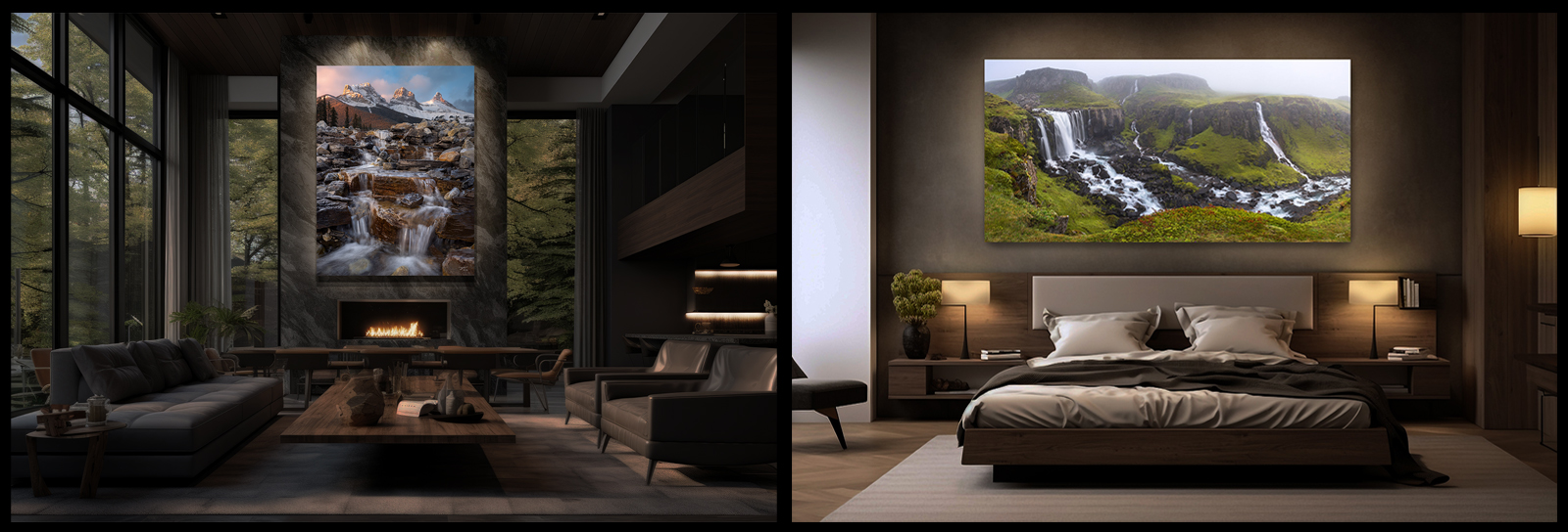 Three Sisters peaks and Iceland waterfalls displayed as photographic prints in stylish homes, with vertical and panoramic print options.