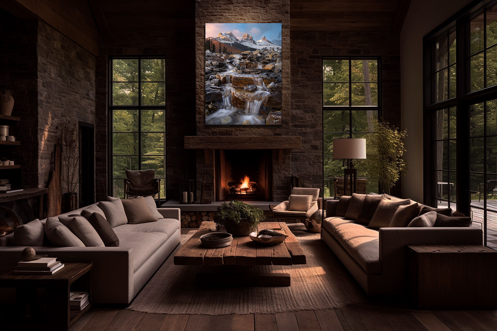Photo wall art of a mountain waterfall blending with rustic great room décor.