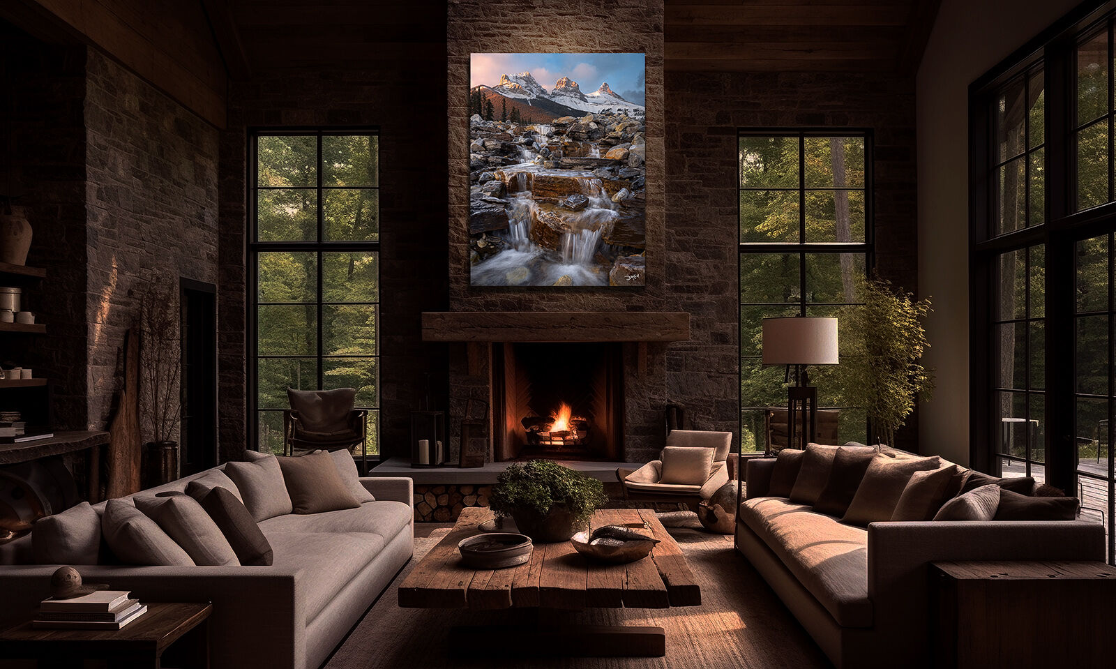 Fine art mountain waterfall print over fireplace in luxury home.