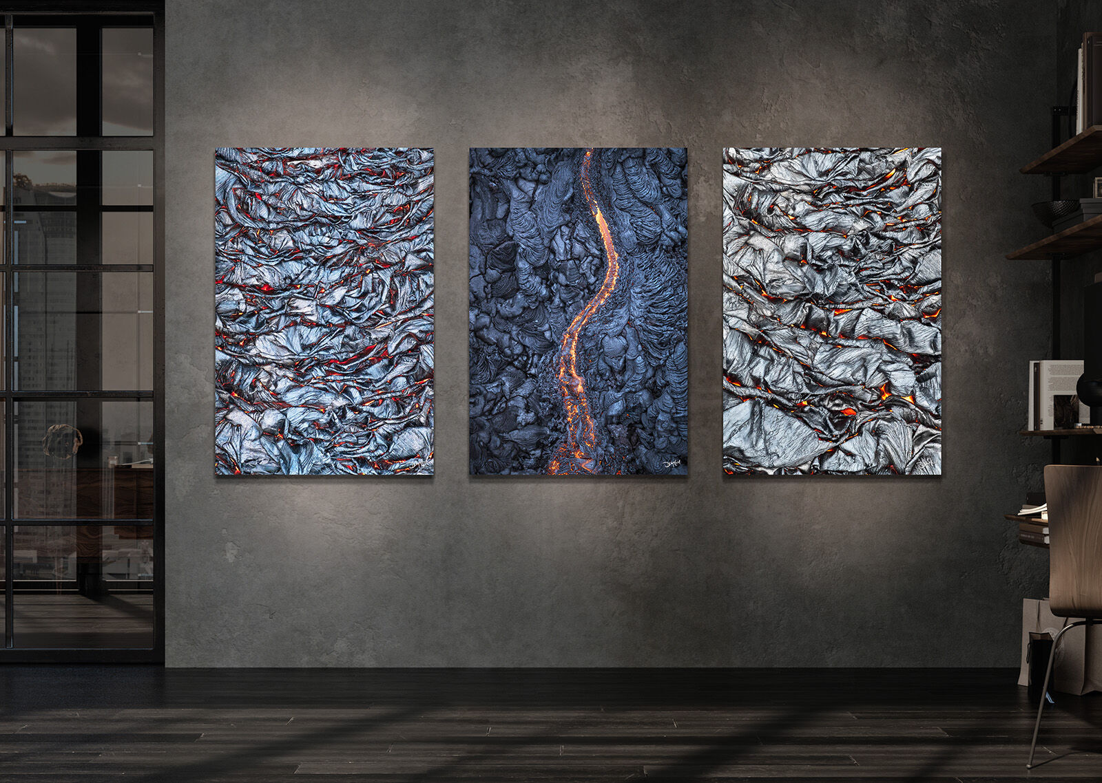 Vertical lava photo wall art prints arranged in a dramatic gallery wall display.