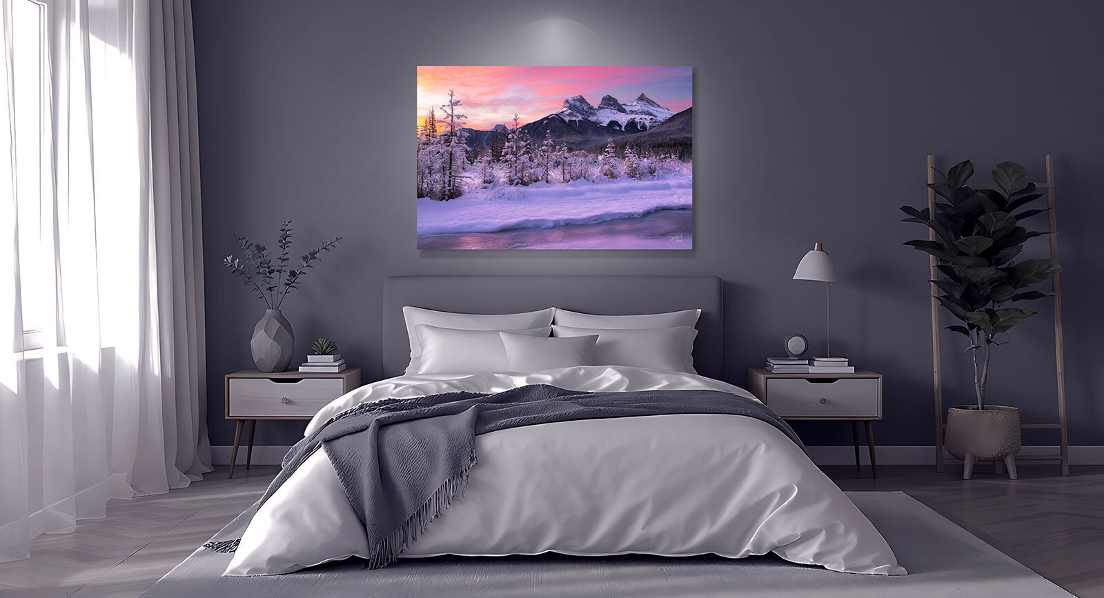Three Sisters mountain in winter fine art print in bedroom.