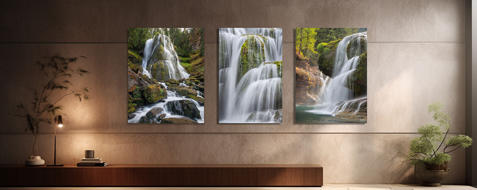 Waterfall cascading over rocks in a lush natural forest setting.