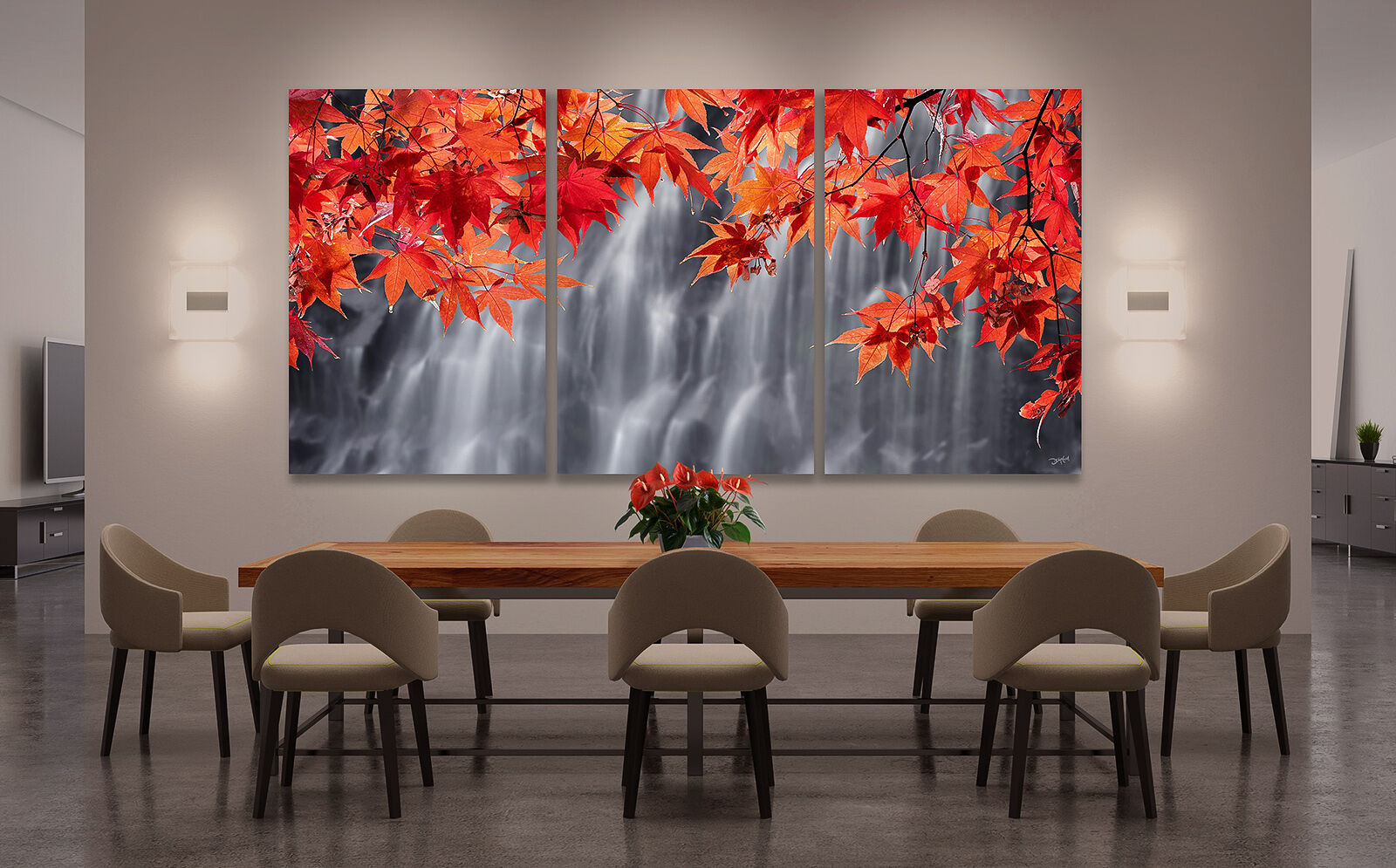 An oversized triptych photographic print of red maple leaves and a waterfall hangs over a large dining room table.