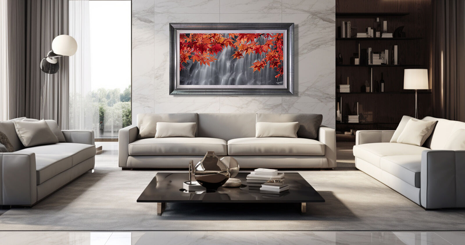 A large framed photographic print of crimson maple leaves in front of a waterfall hangs on the wall in a modern living room.