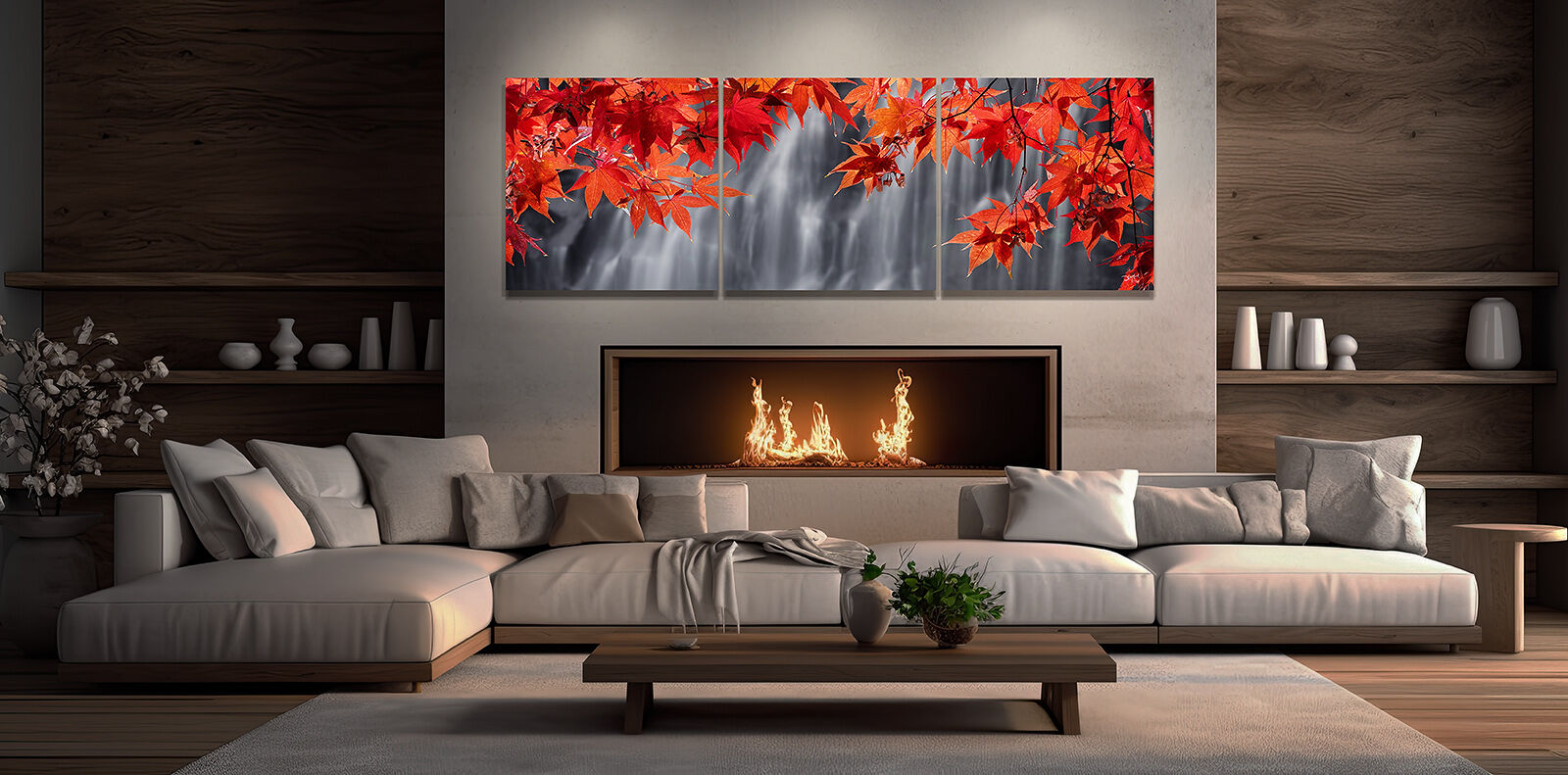 A wide panoramic triptych photo print hangs over a fireplace.