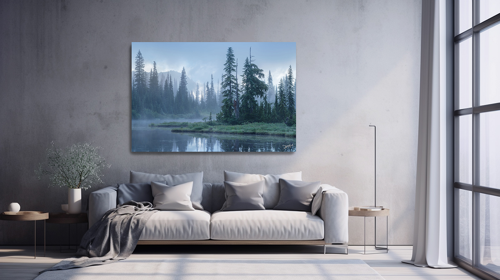 Soft-toned landscape photo wall art creating a peaceful atmosphere in a cozy living room.