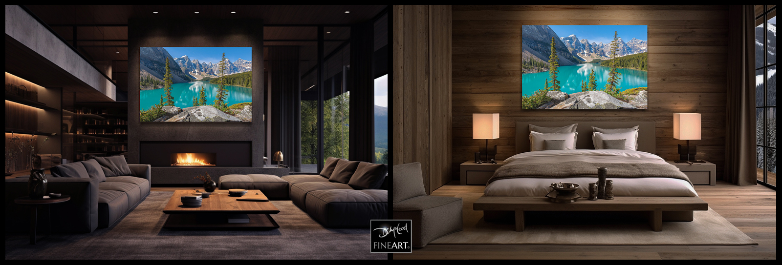 Large fine art mountain photo of Moraine Lake displayed in a modern living room and bedroom, available from Dean McLeod Photography.