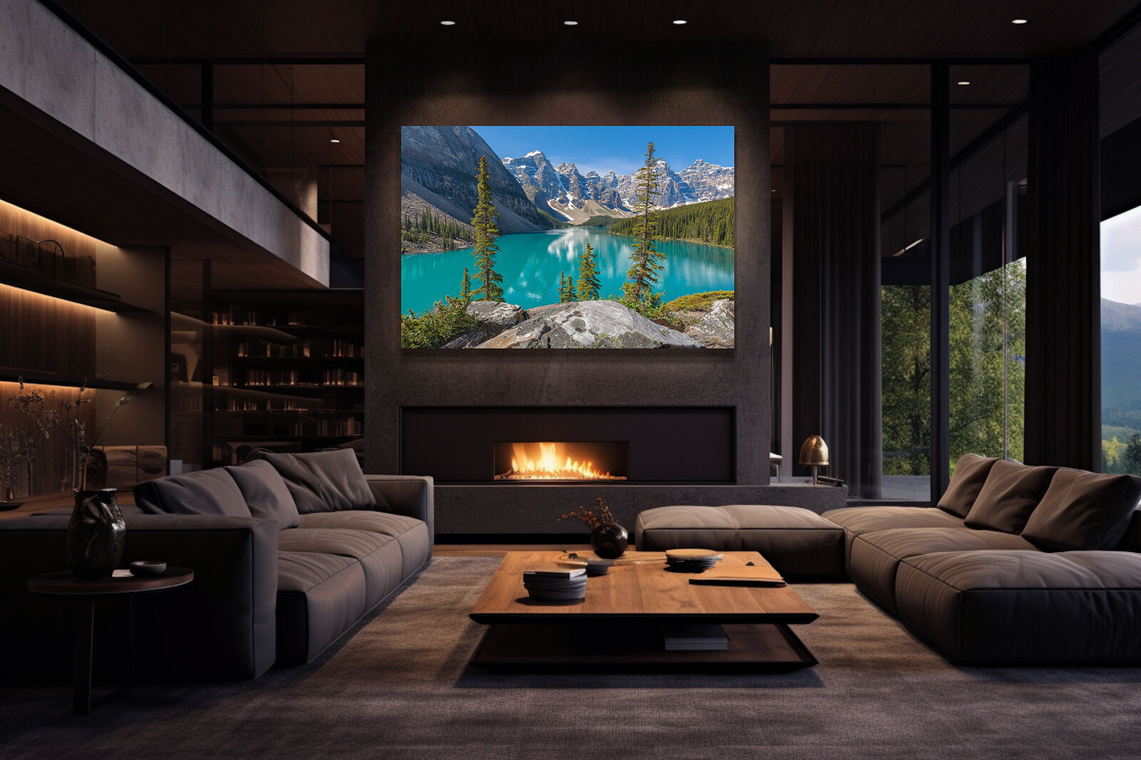 A large photographic print of Moraine lake hangs over a fireplace in an upscale chalet style home.