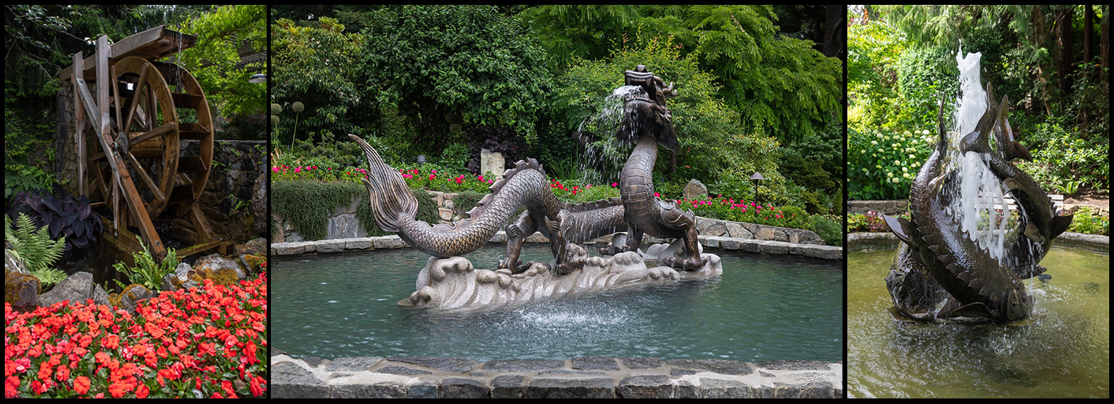 The waterwheel, the dragon fountain, and the sturgeon fountain found at Butchart Gardens.