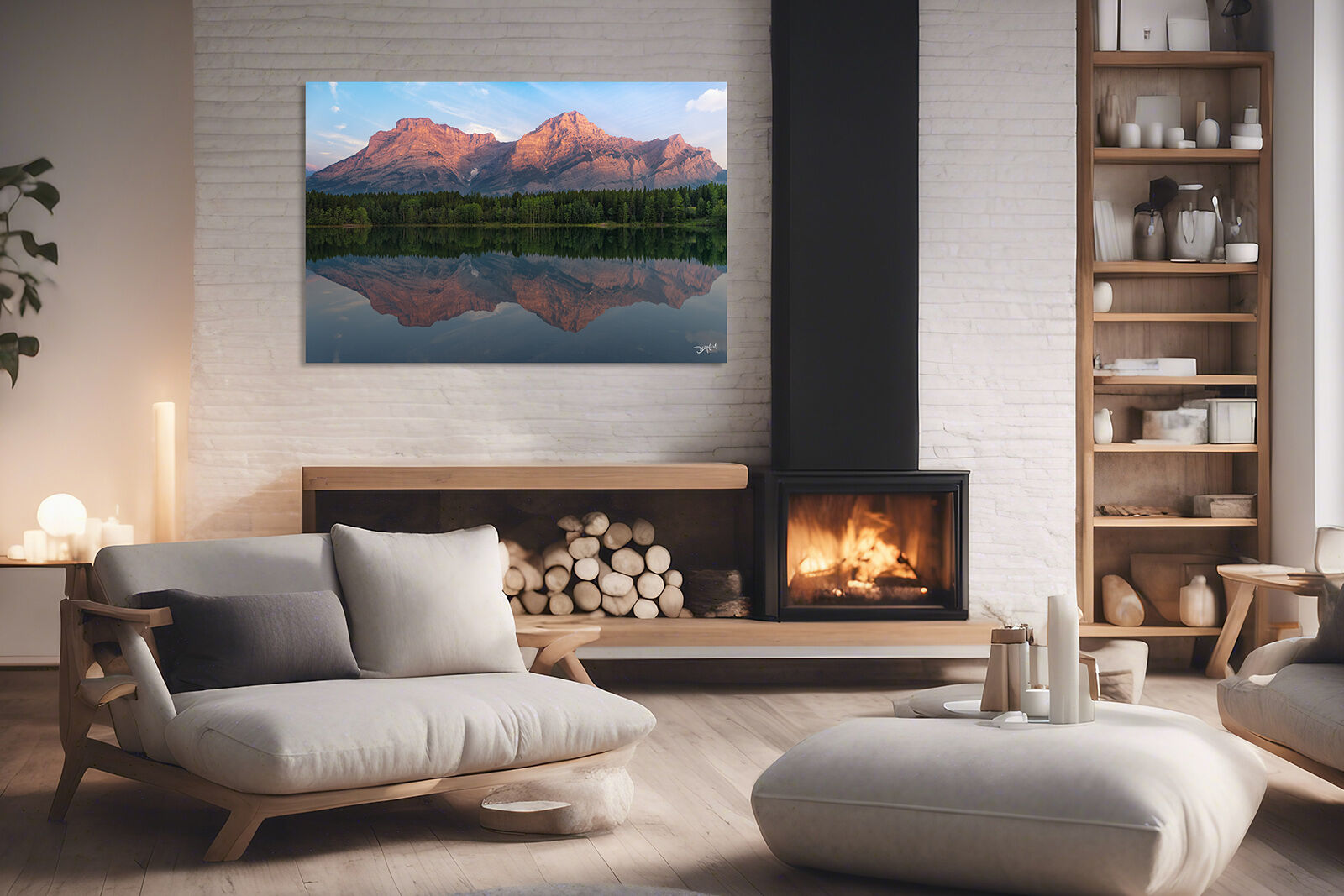A photographic print of Wedge Pond Mount Kidd hangs on the wall in a living room near a fireplace.