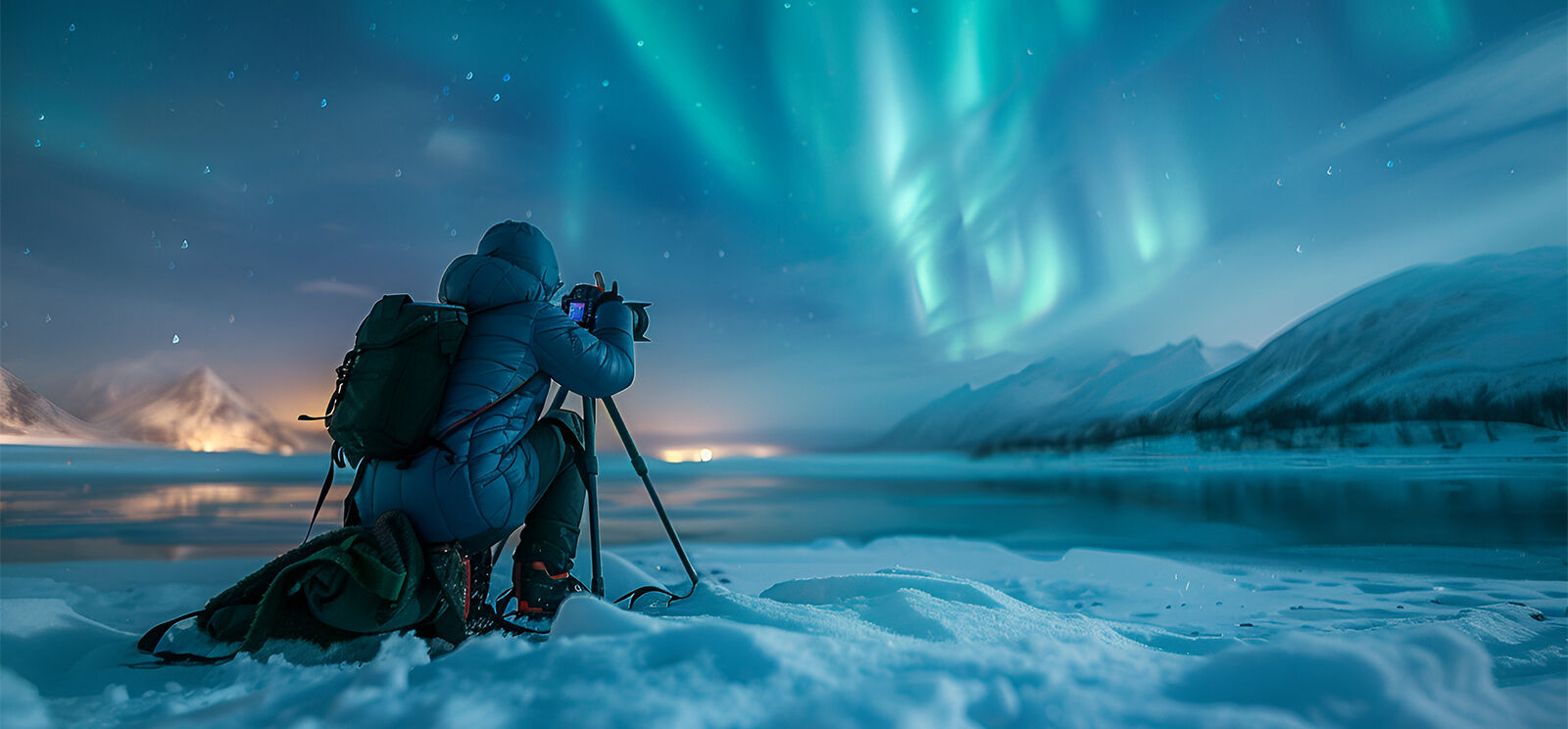 A photographer dressed in winter clothing shooting the aurora at night.