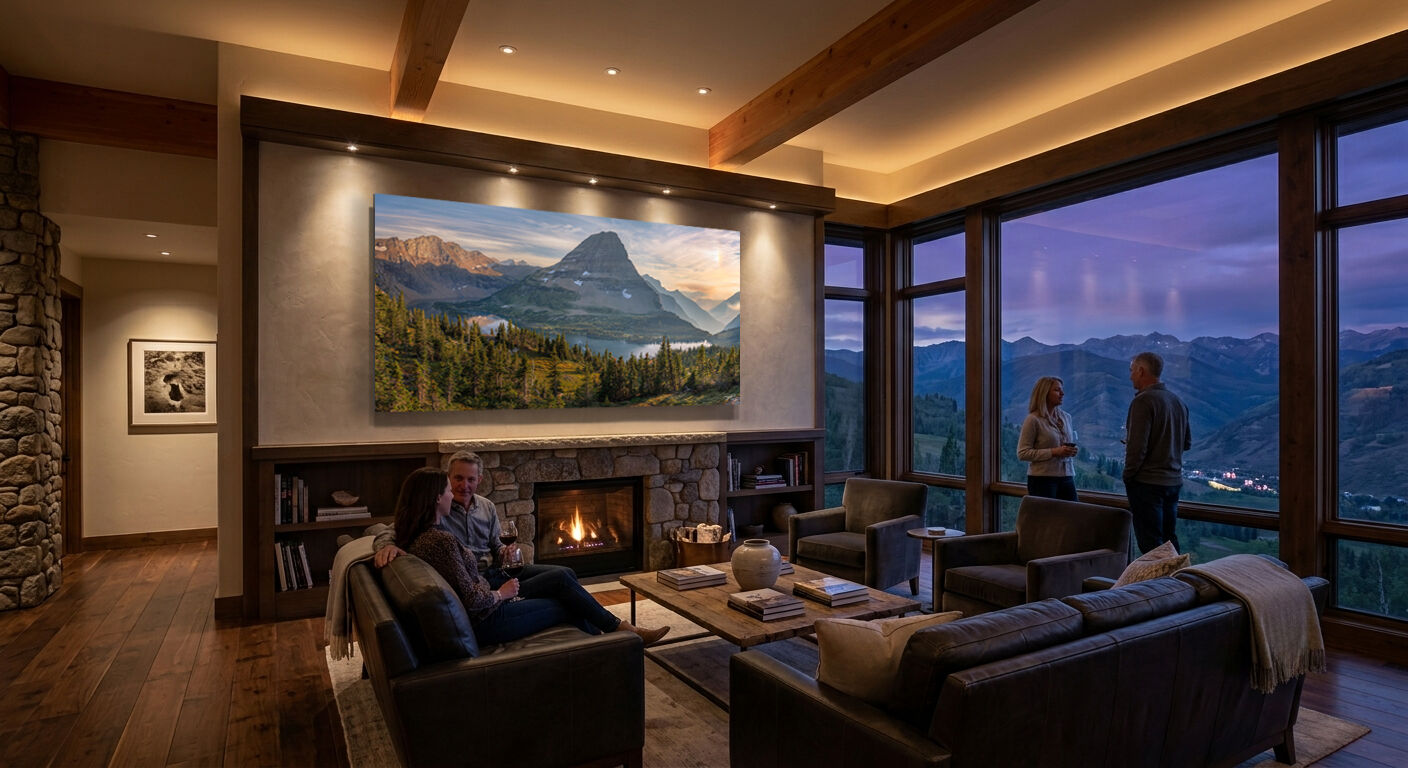 Bearhat Mountain sunset panoramic fine art photograph displayed above a fireplace in a luxury mountain home living room.