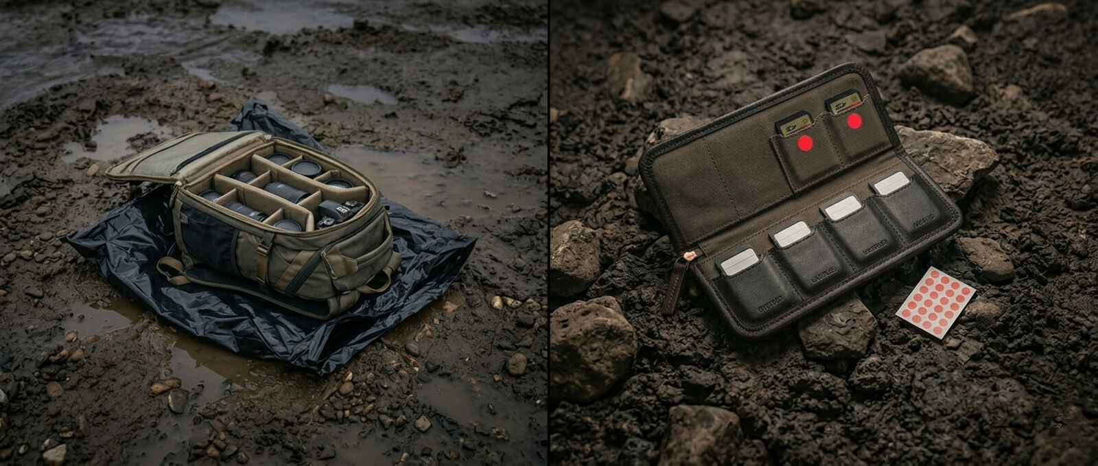 A photographer's backpack protected by garbage bag lying on muddy terrain and a memory card pouch with full cards marked by red stickers.