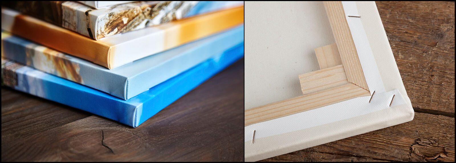 Closeup view of canvas photographic prints from the front and back.