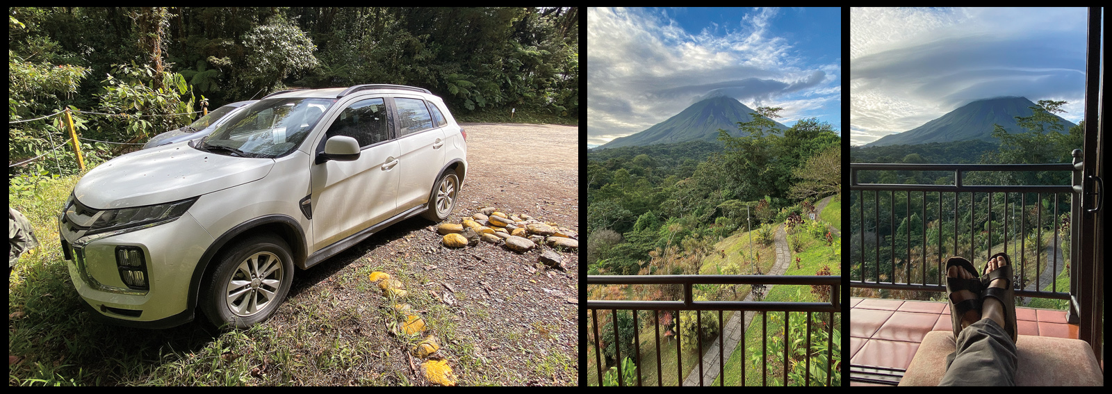A rental SUV in a parking lot; views from a hotel balcony near Arenal Volcano.
