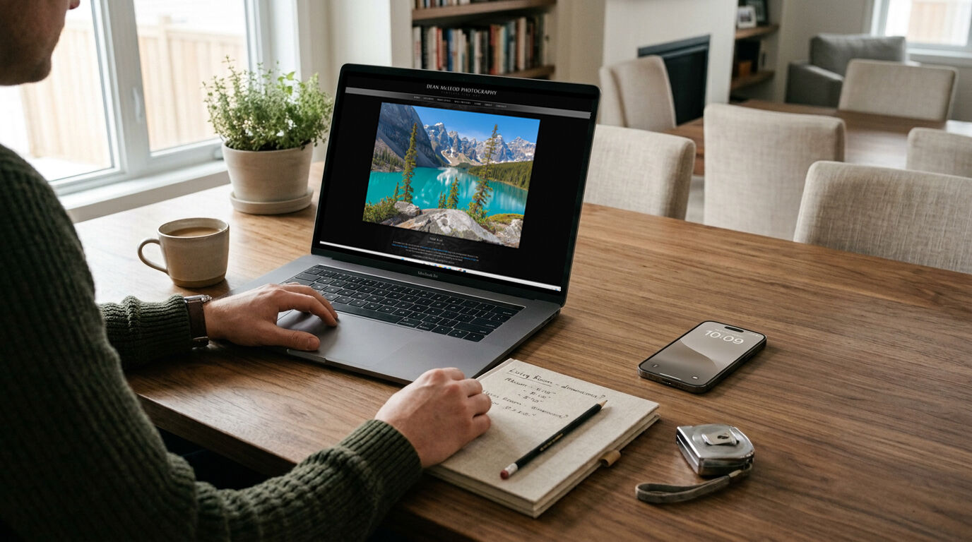 Collector browsing fine art photography online with notes and measurements while planning artwork for their home.