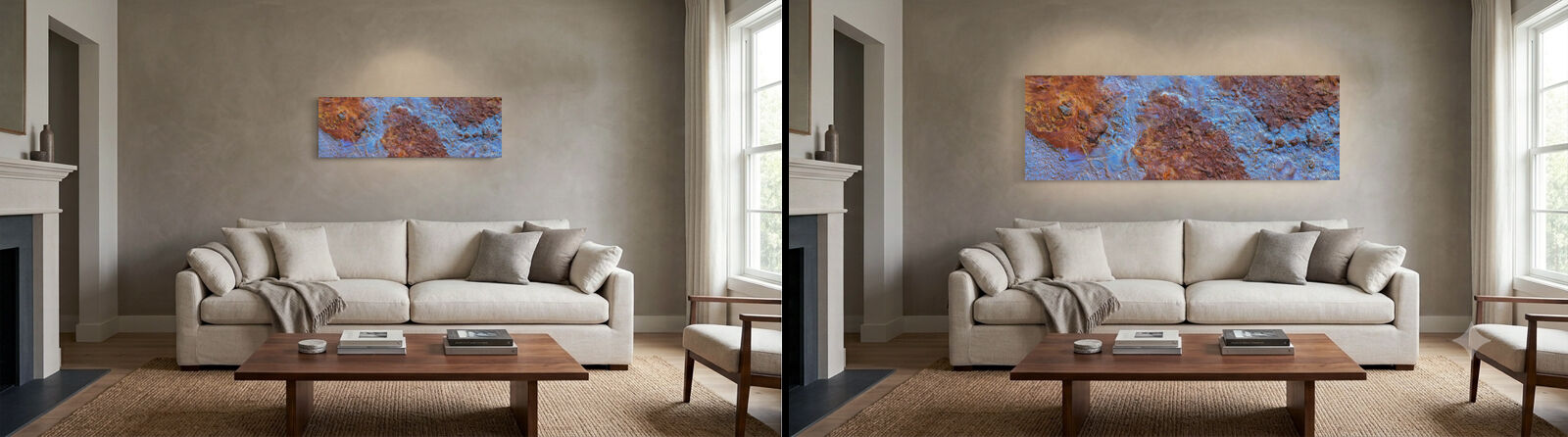 Comparison showing how the size of a panoramic fine art landscape photograph affects the balance of a living room.