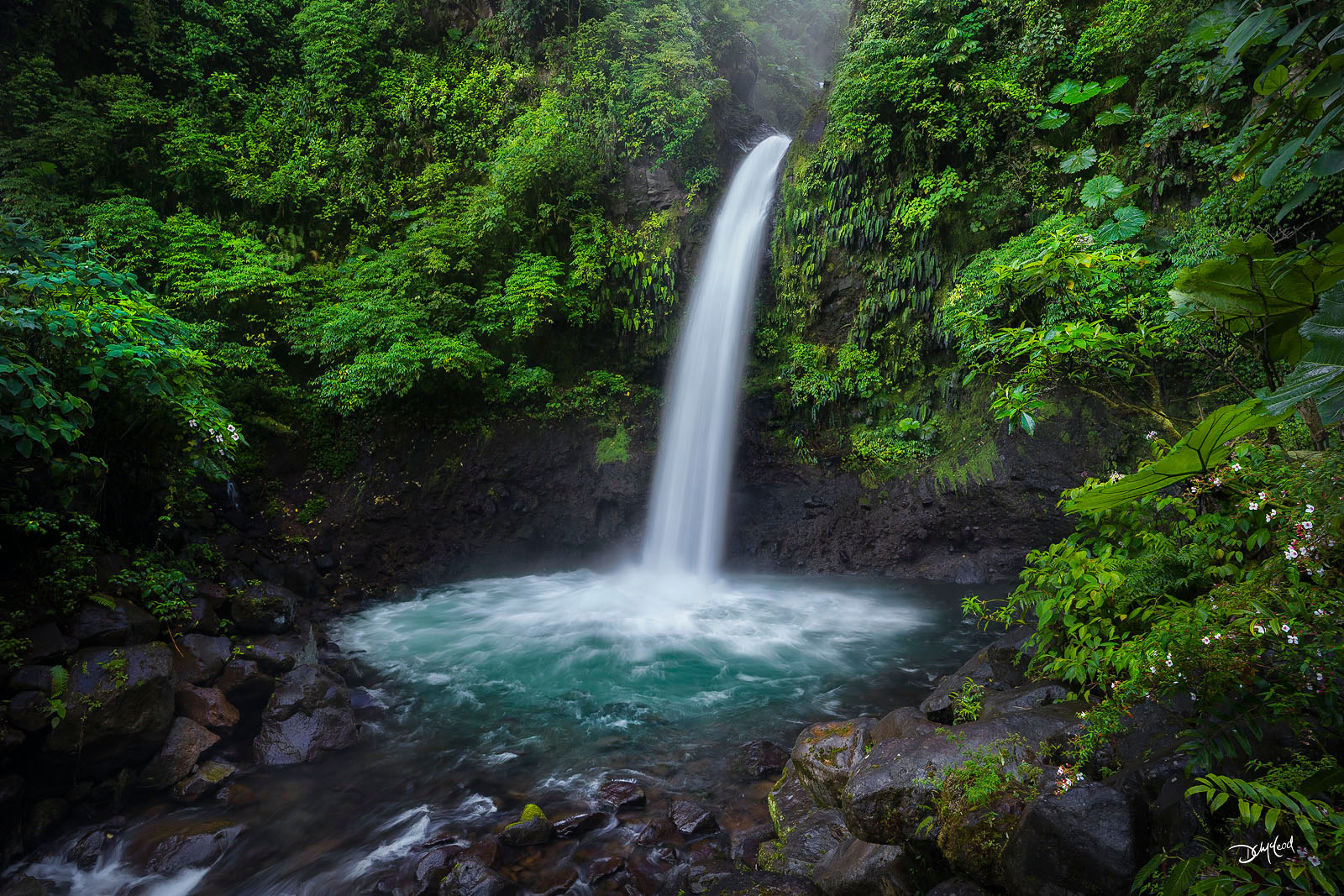 Tropical waterfall in Costa Rica jungle with blue water pool, fine art landscape photography print.