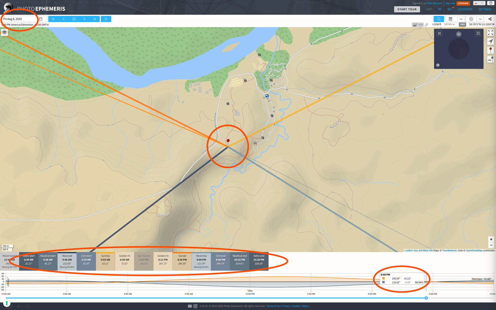 Dinosaur Provincial Park in The Photographer’s Ephemeris showing sun path and light direction.