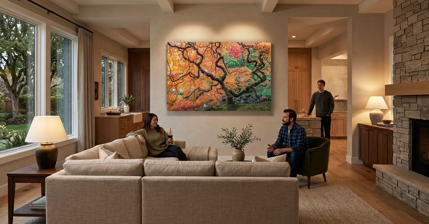 Living room with a dramatic Japanese maple landscape photograph displayed as a focal point above the sofa.