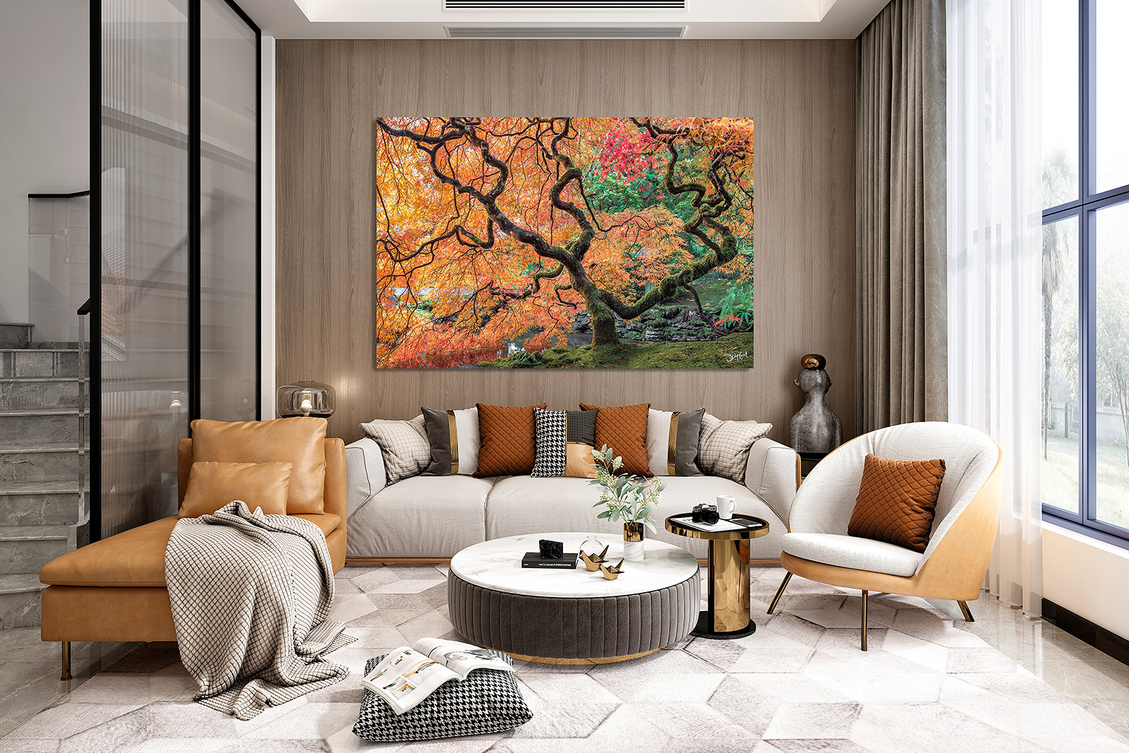 Fine art Japanese maple photograph displayed in a modern organic living room with soft natural light.