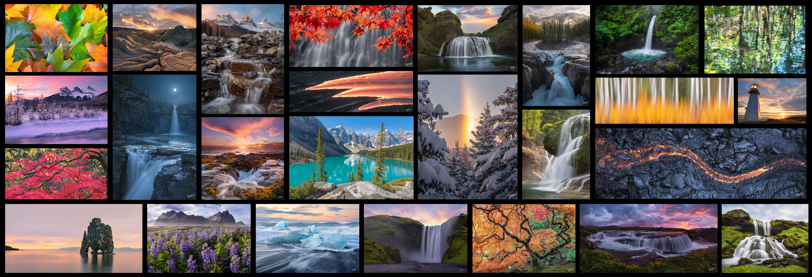 Collage of landscape and nature photography celebrating Earth Day, featuring waterfalls, mountains, forests, autumn leaves, glaciers, and wildlife scenes from around the world that highlight the planet’s natural beauty and inspire environmental conservation.