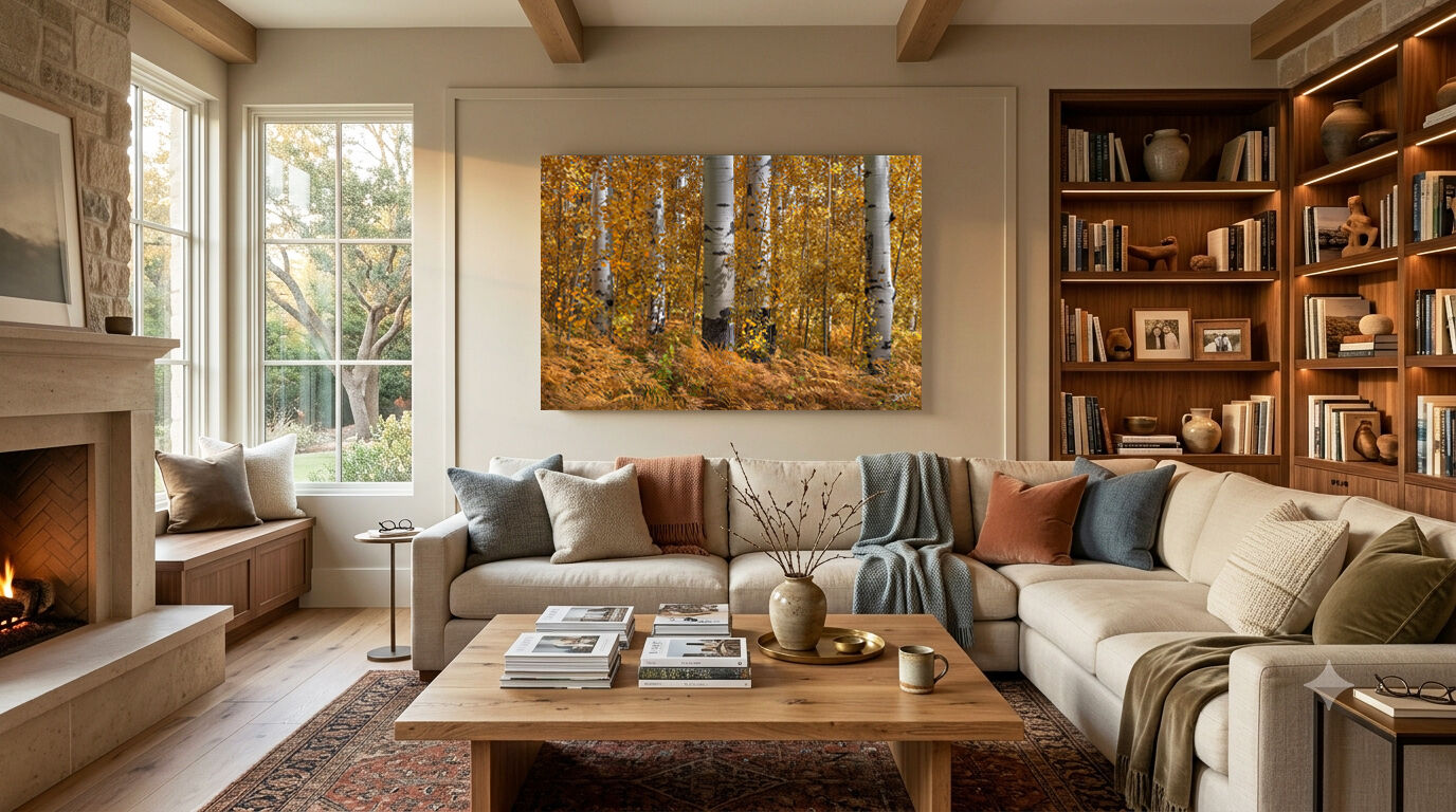 Warm lived-in living room featuring a large fall aspen landscape photograph displayed as a focal point on the wall.