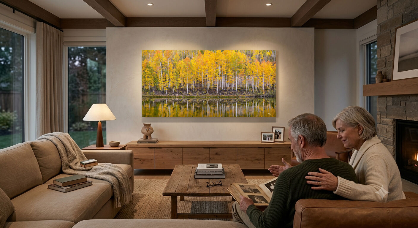 Older couple enjoying photo albums in a living room with a large fall aspen landscape photograph displayed on the wall.