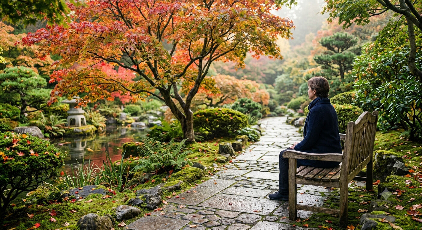 Woman quietly reflecting beside a vibrant Japanese maple tree in a peaceful garden, illustrating the emotional connection people experience when choosing fine art photography for their home.