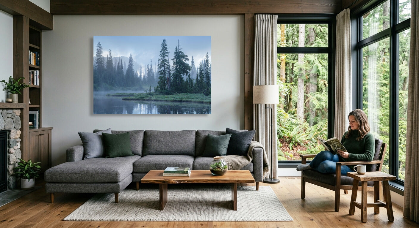 Fine art landscape photography displayed in a contemporary living room with a foggy mountain lake and forest scene.