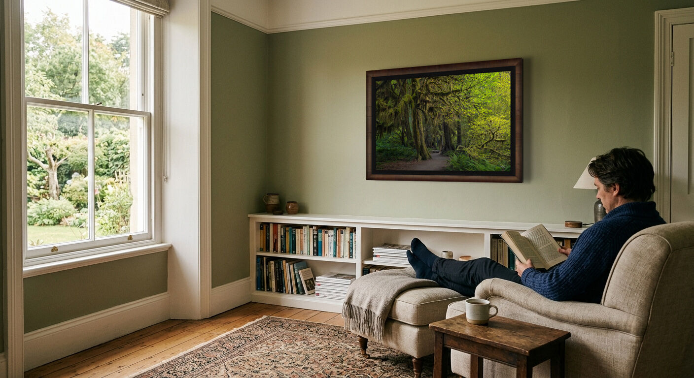 Framed fine art paper print of the Hoh Rainforest displayed in a quiet reading room with natural light.