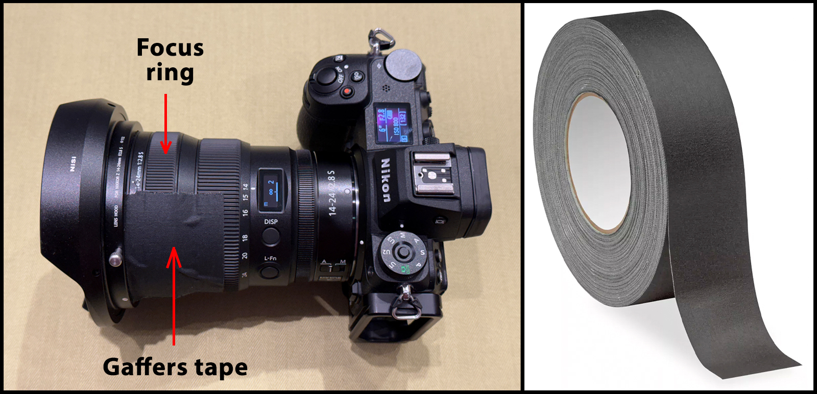 Gaffers tape applied to a camera lens to prevent the focus ring from moving while photographing aurora.