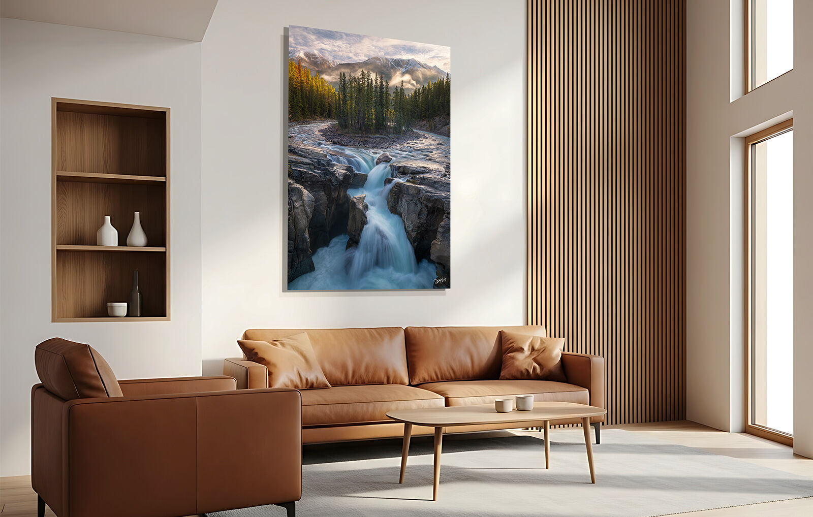 Large waterfall landscape print shown in a Scandinavian minimalist living room with white walls and clean modern furniture.