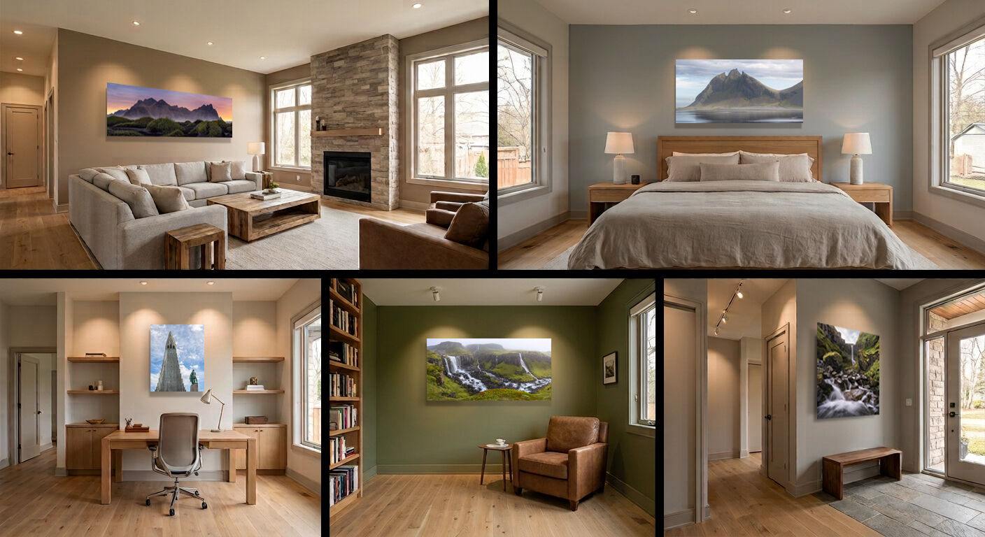 Collage showing five rooms in a home featuring a collection of Iceland fine art landscape photographs displayed throughout the living room, bedroom, office, reading room, and entryway.