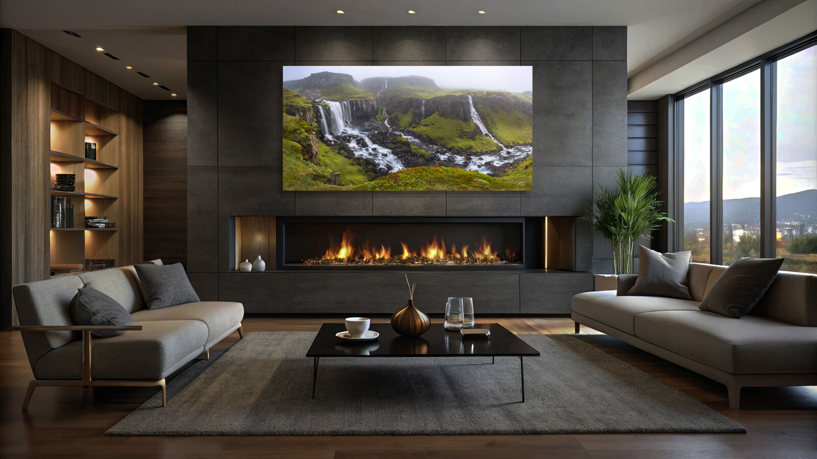 Oversized acrylic fine art waterfall print over fireplace in modern living room.