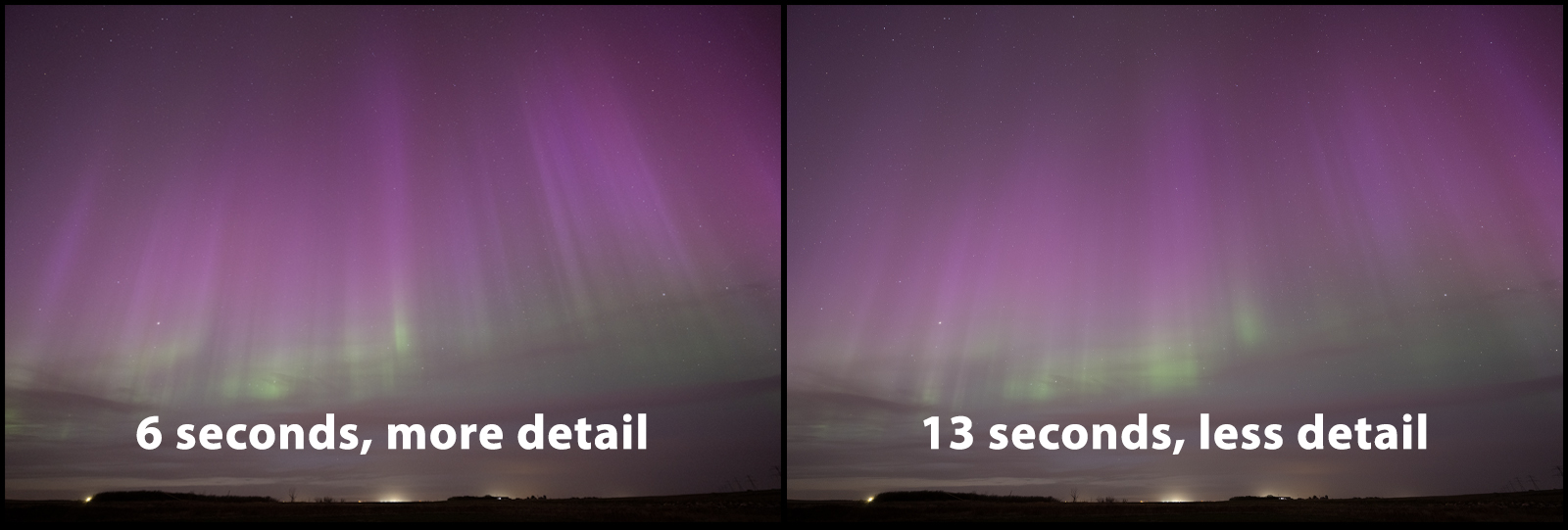 Two images of aurora taken with different shutter speeds to show the resulting blurring from a longer exposure time.