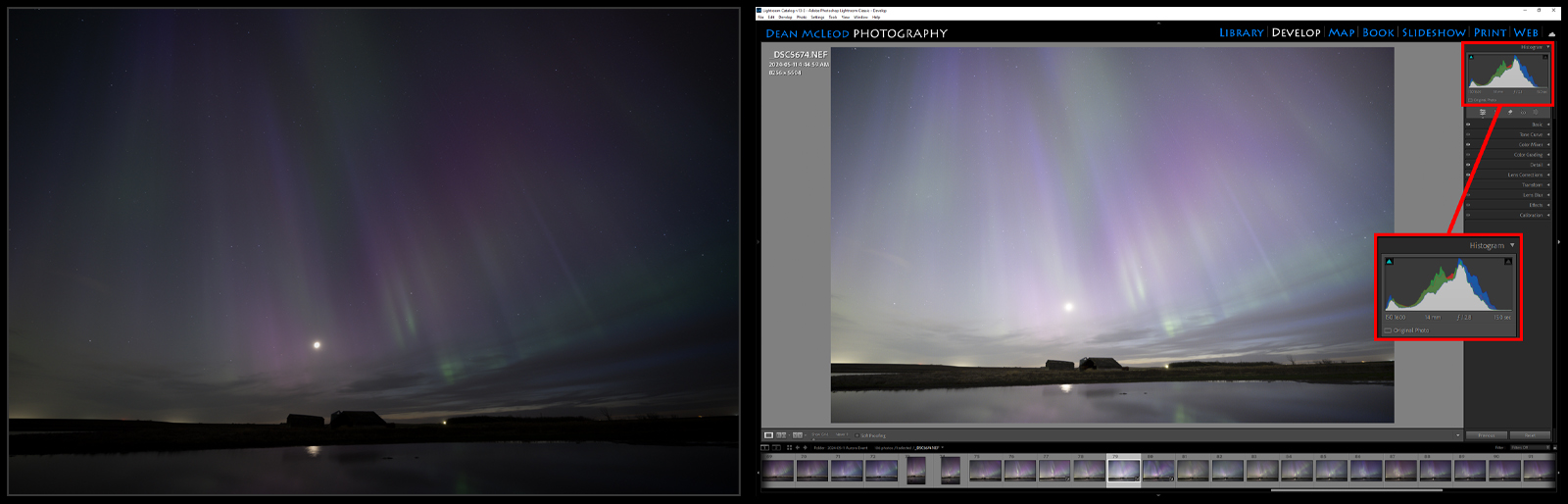 Side by side comparison of aurora scene as seen with the naked eye versus the same scene as seen after a 15 second exposure with a camera.