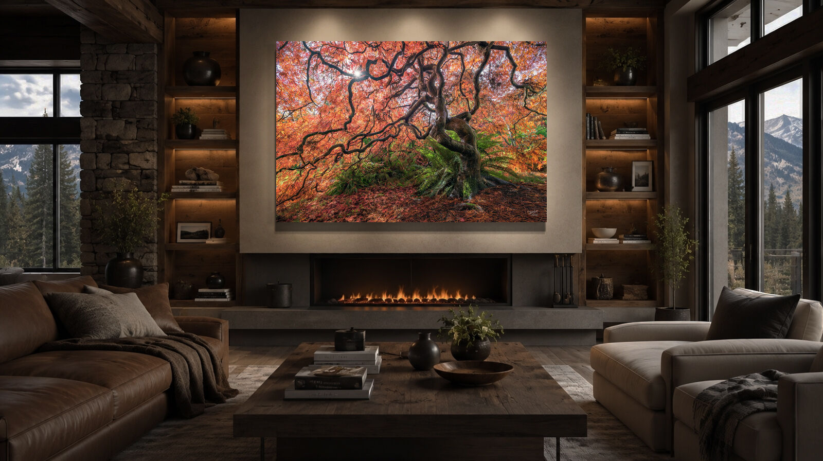 Large Japanese maple tree fine art print over fireplace in chalet mountain home.