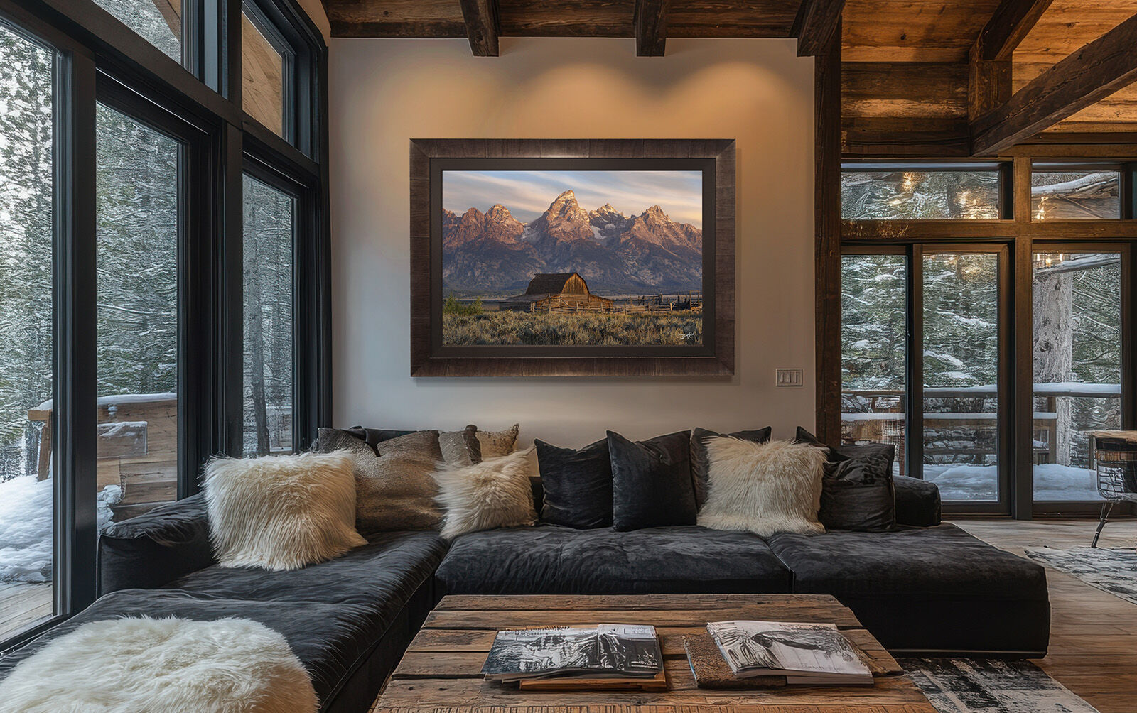 Custom framed fine art print of the John Moulton Barn displayed in a modern farmhouse interior with rustic beams and warm lighting.