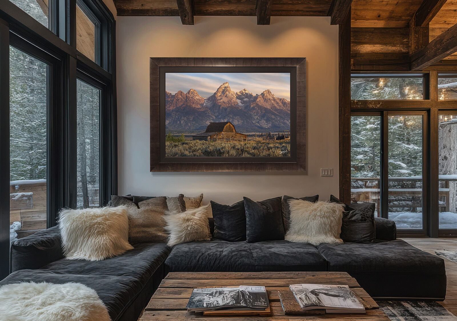 Framed acrylic print of John Moulton Barn and Teton mountain range in rustic mountain home.