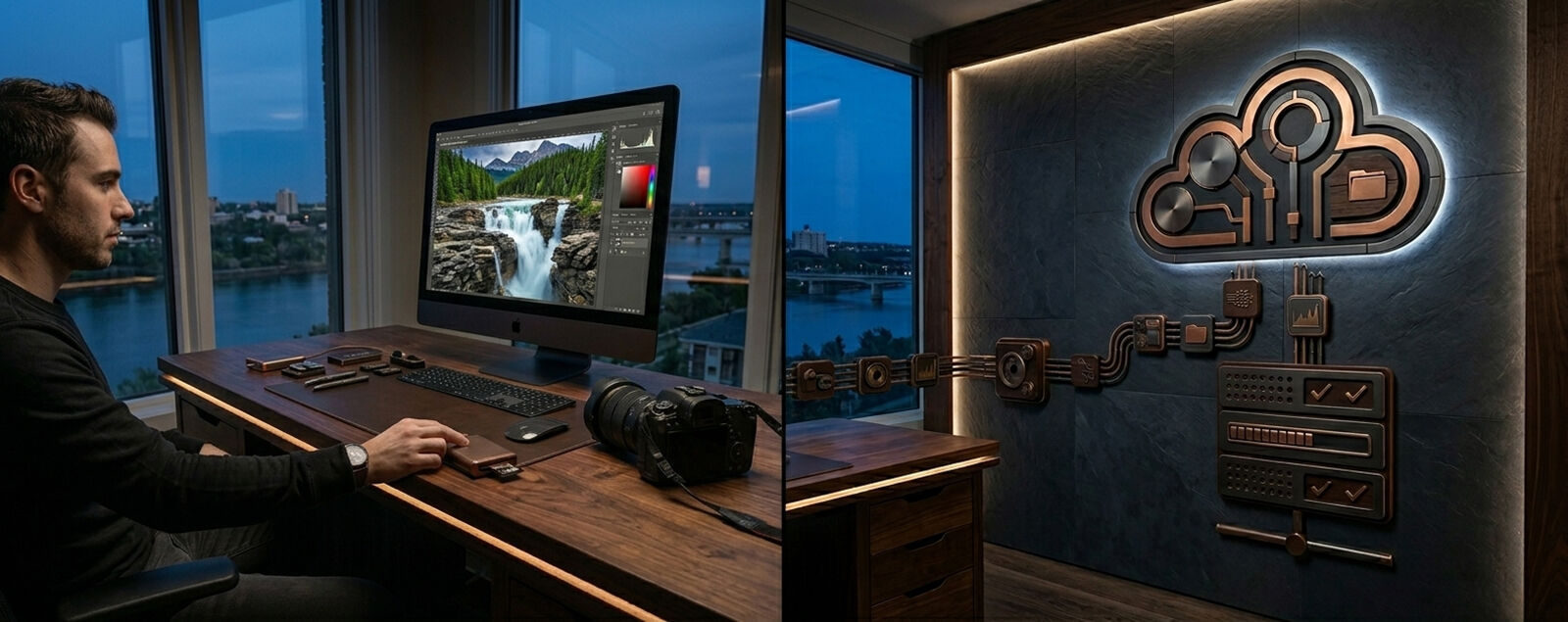 A landscape photographer backing up image files to cloud service.