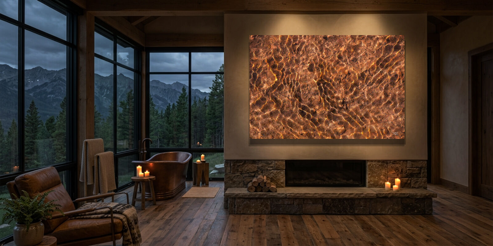 Large abstract water reflection fine art print in upscale mountain chalet bathroom.