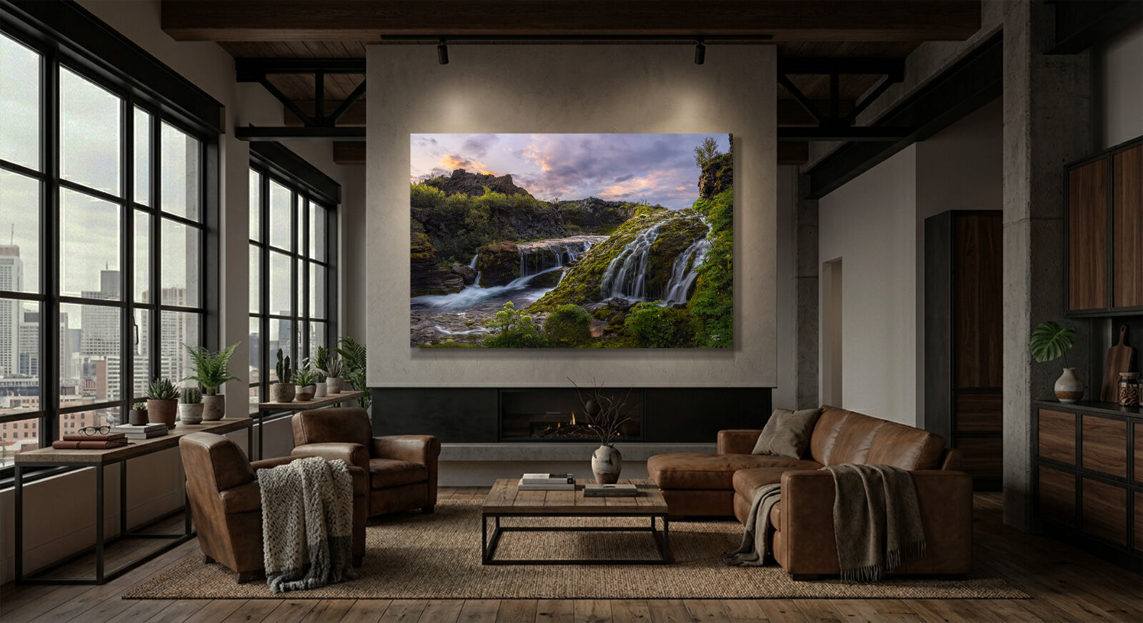 Oversized iceland waterfall fine art acrylic print in loft apartment.