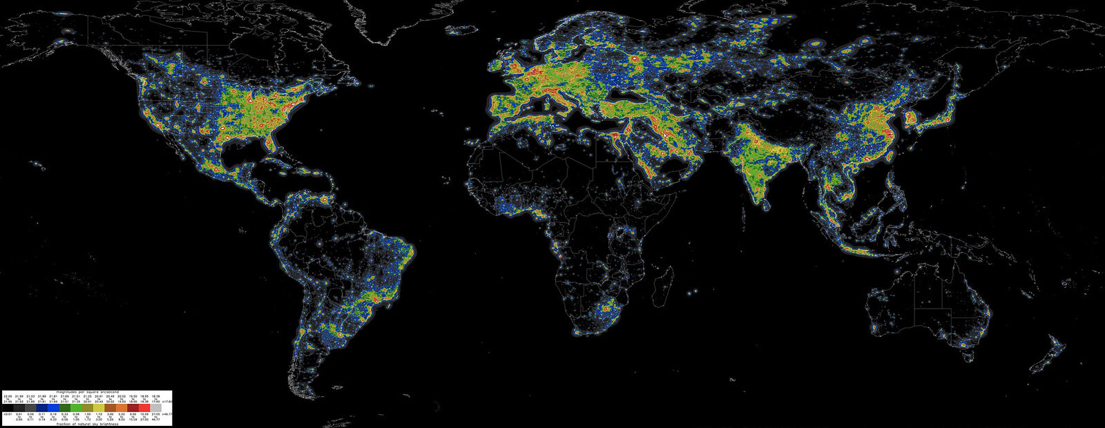 A light pollution map useful for finding dark skies to photograph the northern lights.