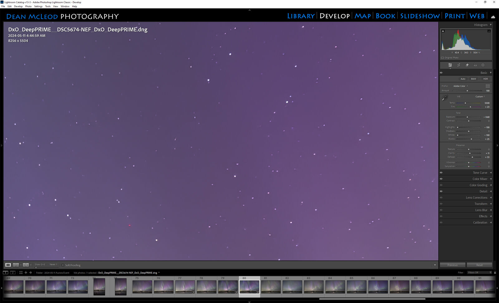 Screenshot of a clean sky image in Adobe Lightroom after noise reduction was applied.