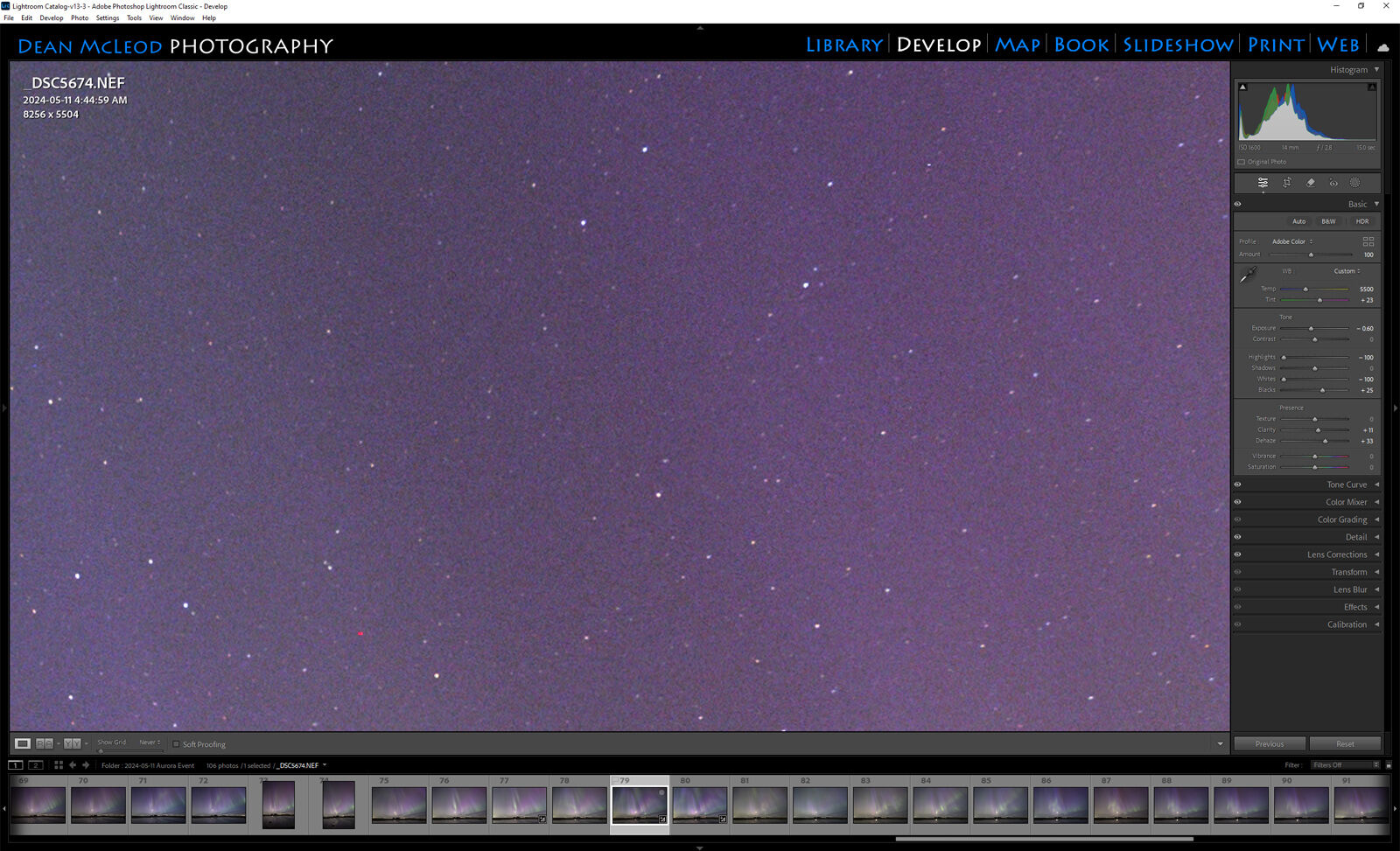 Screenshot of a noisy sky image in Adobe Lightroom without noise reduction.