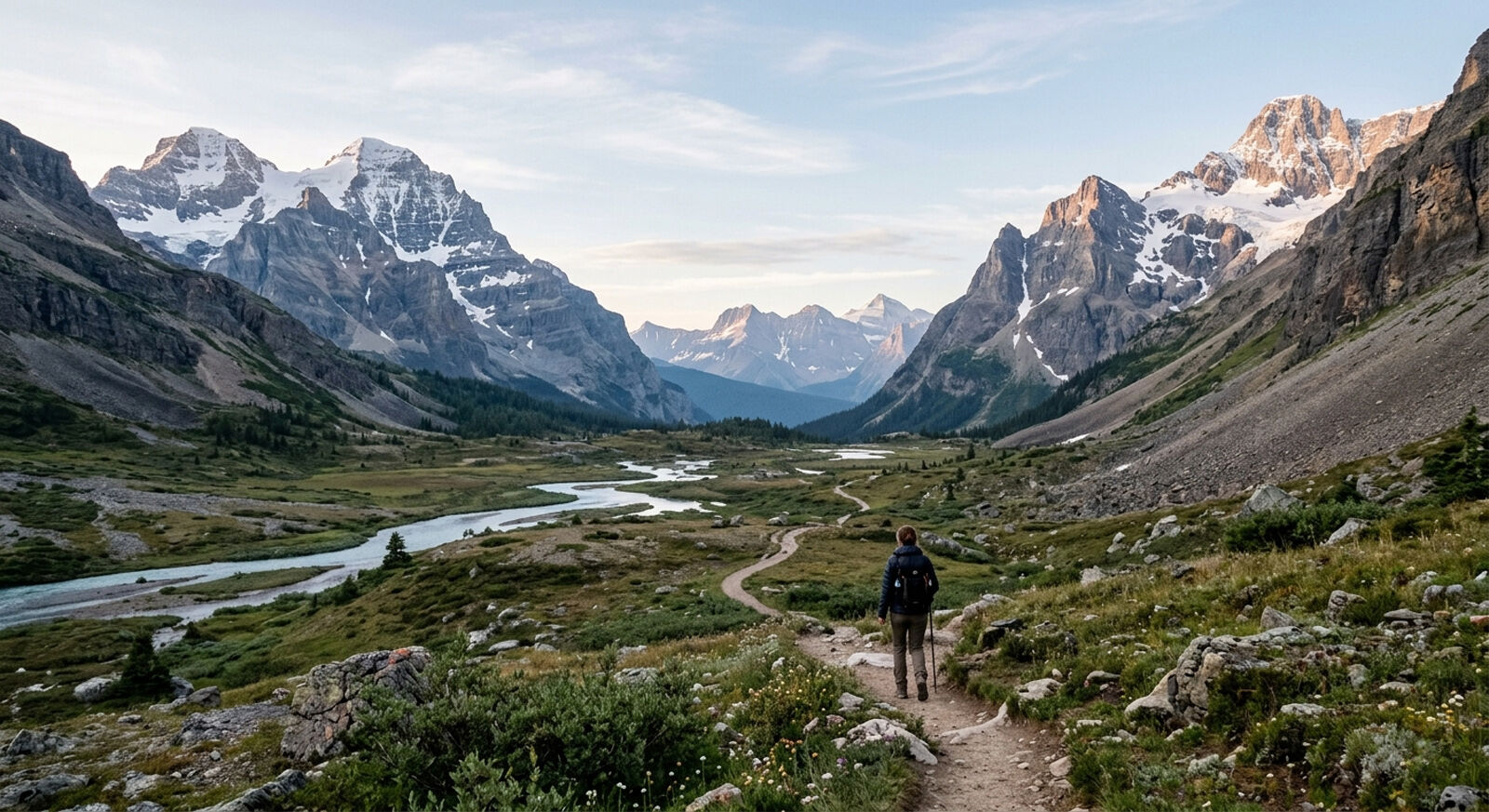 A lone hiker walks through a valley within a vast mountain landscape.