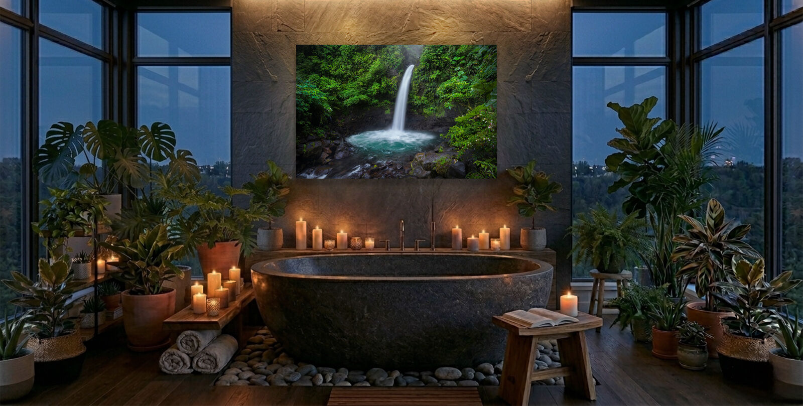 Tropical waterfall fine art print displayed in a biophilic modern bathroom interior filled with indoor plants and natural textures.