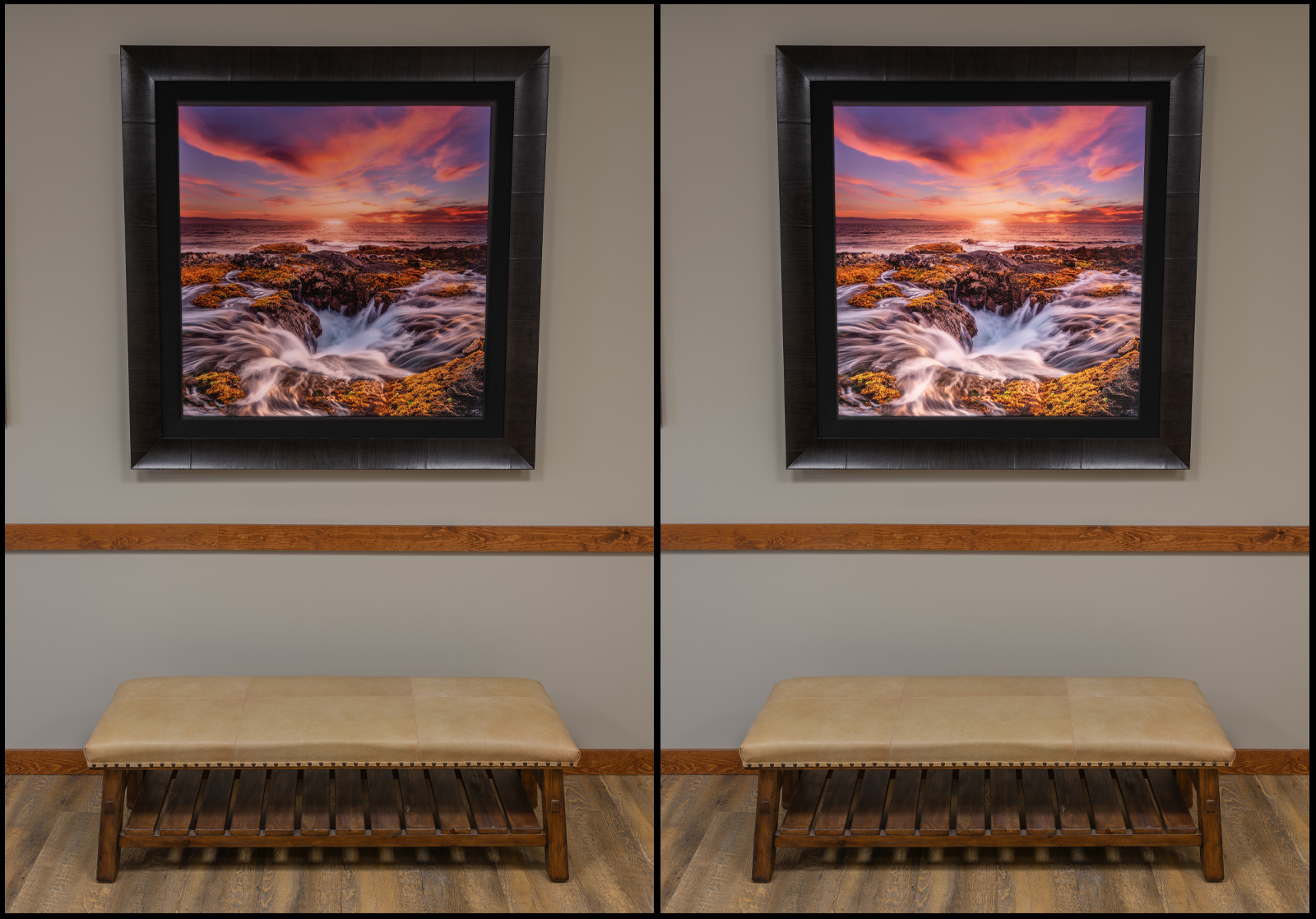 Lumachrome acrylic print shown without and with dedicated accent lighting, illustrating its luminous backlit appearance.