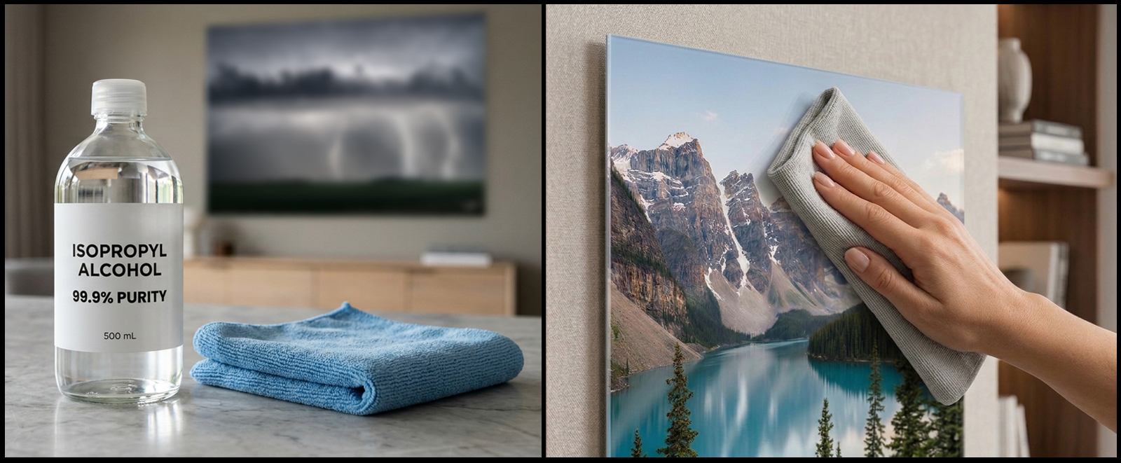 Hand gently cleaning a large Lumachrome® TruLife® acrylic landscape print with a microfiber cloth and 99.9% isopropyl alcohol in an elegant home.